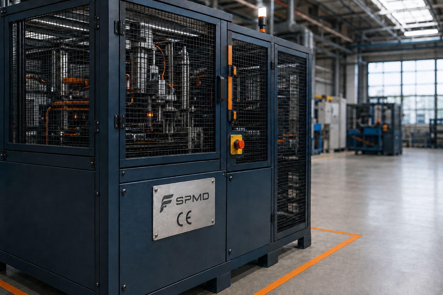 Machine spéciale SPMD sécurisée, protections fermées et interverrouillées, avec plaque CE et déclaration de conformité