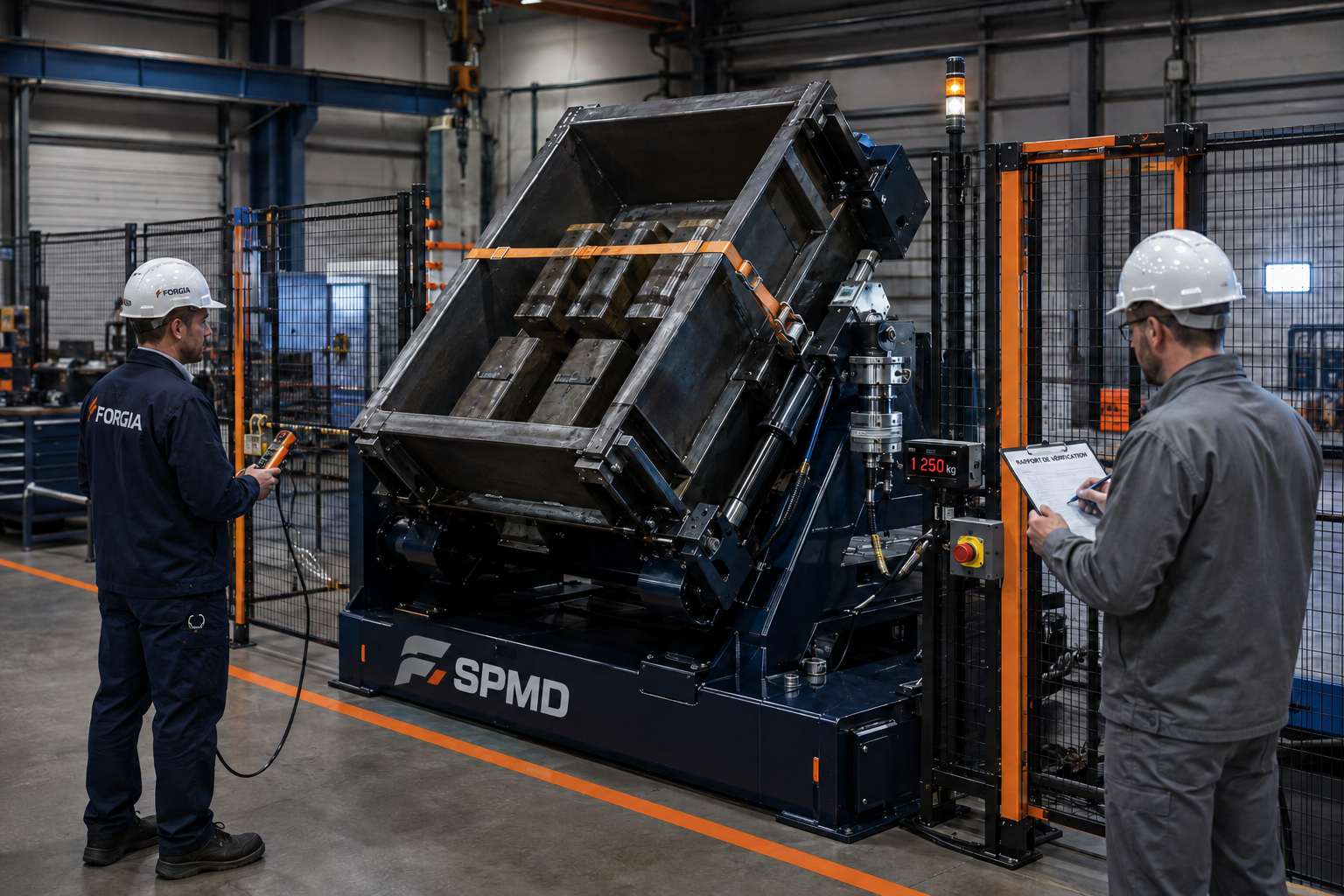 Machine SPMD soumise à un essai mécanique en charge dans le cadre d’une démarche de conformité CE