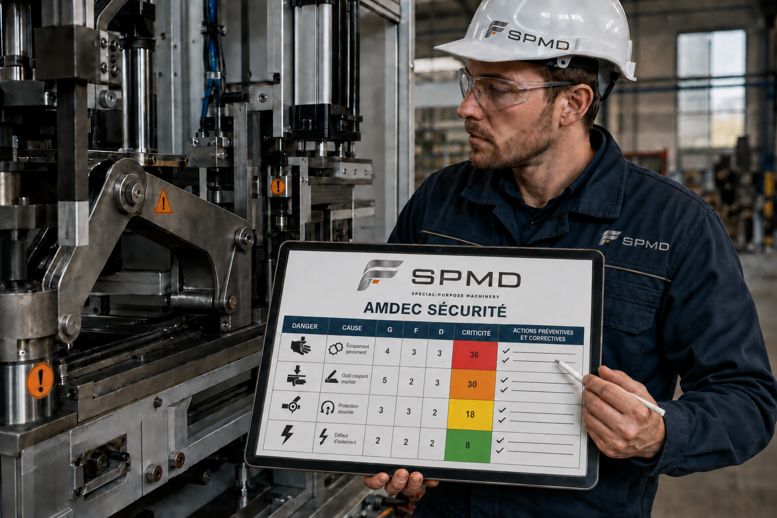 Ingénieur SPMD inspectant une machine spéciale et renseignant un tableau AMDEC sécurité