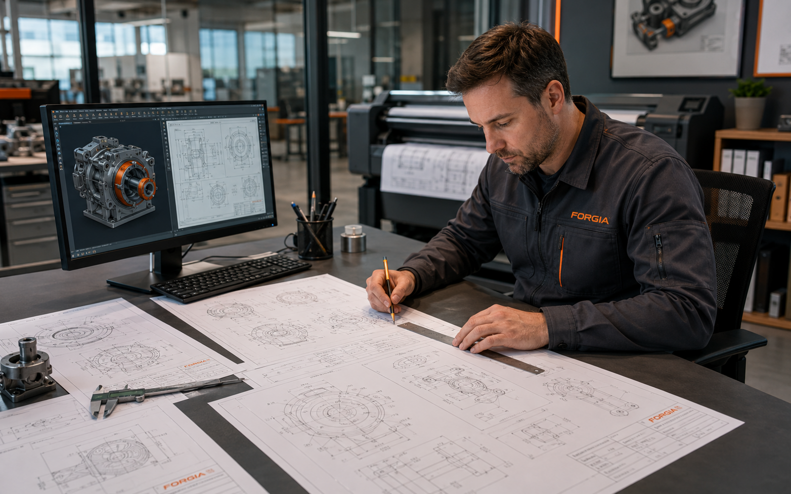 Ingénieur SPMD contrôlant des plans techniques 2D et coupes industrielles