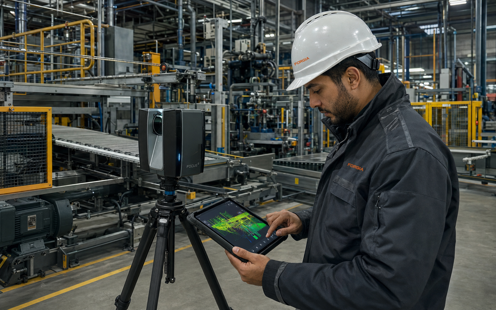 Technicien SPMD réalisant le scan 3D d’une ligne de production industrielle